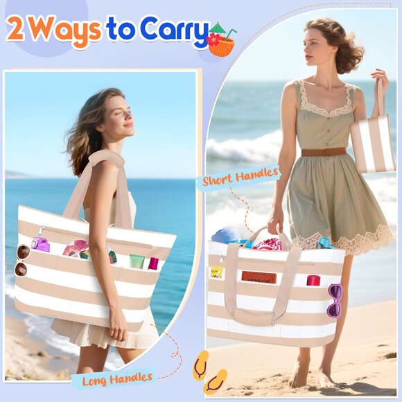 Women's Khaki White Waterproof Sandproof XL Tote Zipper Foldable Beach Bags - Picture 2 of 8